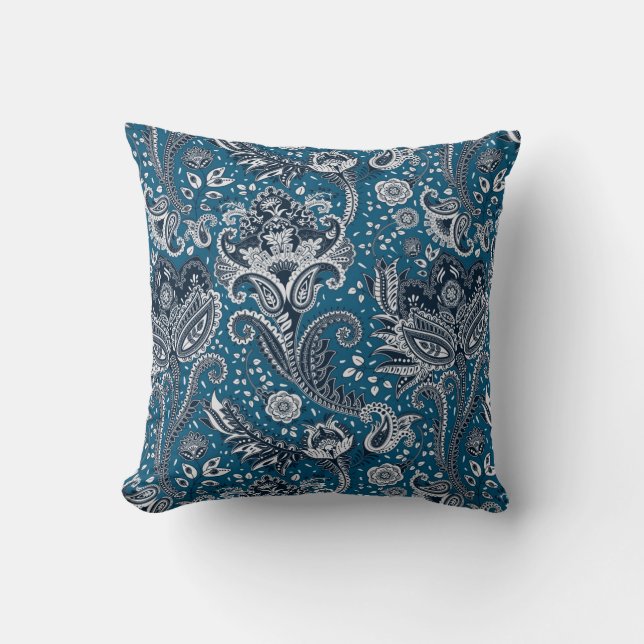 Coussin Marine bleu et blanc Floral Paisley Bohemian Boho (Recto)
