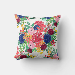 Coussin Marine bleu et rouge aquarelle boho chic Fleurs