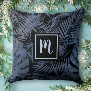 Coussin Marine bleu feuille de palmier tropical, chic mono