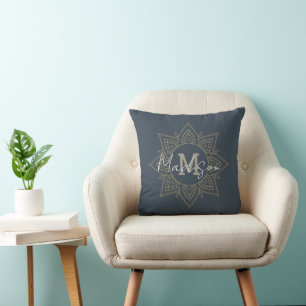 Coussin Marine bleu gris foncé or Mandala Nom Monogramme