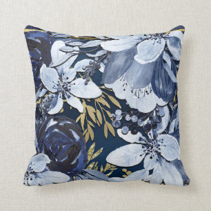 Coussin Marine Bleu & Or Elégant Aquarelle Moderne Floral