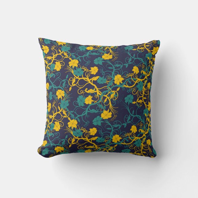 Coussin Marine bleu Turquoise et jaune moderne motif flora (Recto)