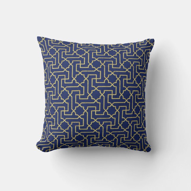 Coussin Marine Blue & Faux Gold Motif de mosaïque marocain (Recto)