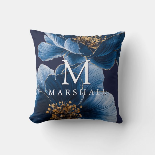 Coussin Marine Blue Gold Moderne Floral Monogramme Nom de  (Recto)