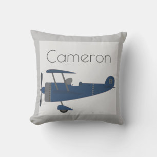Coussin Marine Blue Plane Vintage Nom personnalisé du garç