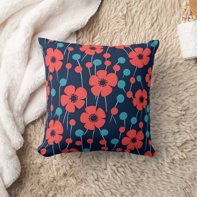 Coussin Marine Blue Red Poppy Photos florales sans soudure (Couverture)