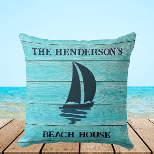 Coussin Marine Blue Sailing Boat Nom de famille Beach Hous