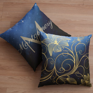 Coussin Marine Blue Starry Galaxy Gold Floral Monogramme N