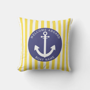 Coussin Marine Blue Yellow Stripe Nom du bateau Ancre Naut