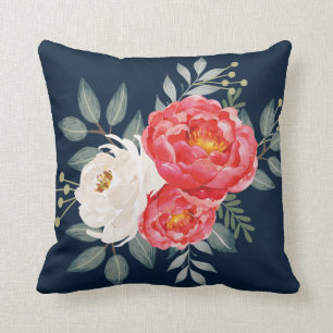 Coussin Marine botanique, rouge et ivoire floraux