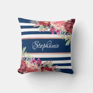 Coussin Marine Bourgogne Flore Stripes Nom Monogramme