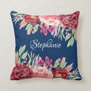 Coussin Marine Bourgogne Nom floral Monogramme