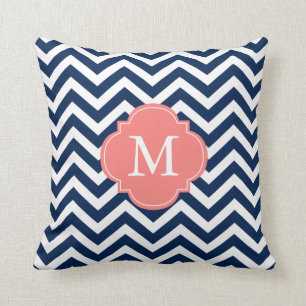 Coussin Marine Coral bleu Zigzag Motif Monogramme