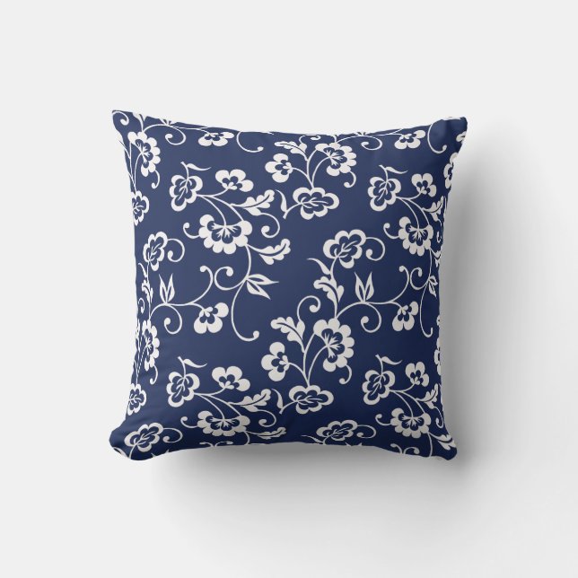 Coussin Marine et modèle floral blanc (Recto)