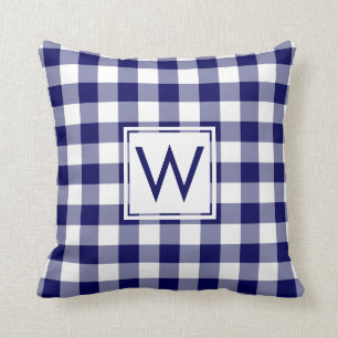Coussin Marine et motif blanc de guingan, monogramme fait