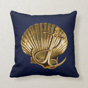 Coussin Marine et or nautiques ancrés du coquillage