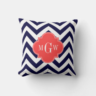 Coussin Marine Lg Chevron Coral Red Quatrefoil 3 Monogramm