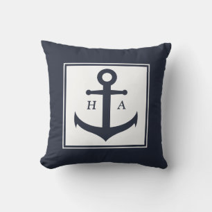 Coussin Marine nautique et bandes blanches avec Ancre