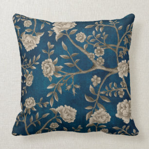 Coussin Marine peinte à la main Chinoiserie Florale