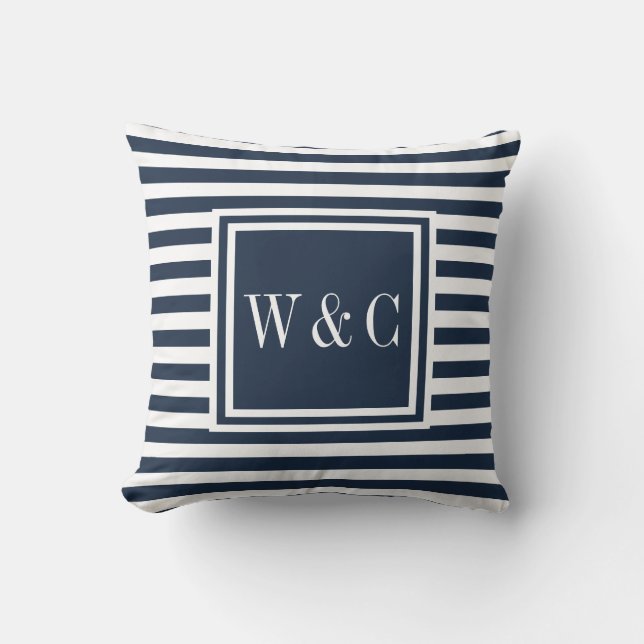 Coussin Marine personnalisée et monogramme blanc (Recto)