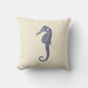 Coussin Marine Vintage moderne Bleu Seahorse sur crème Bei