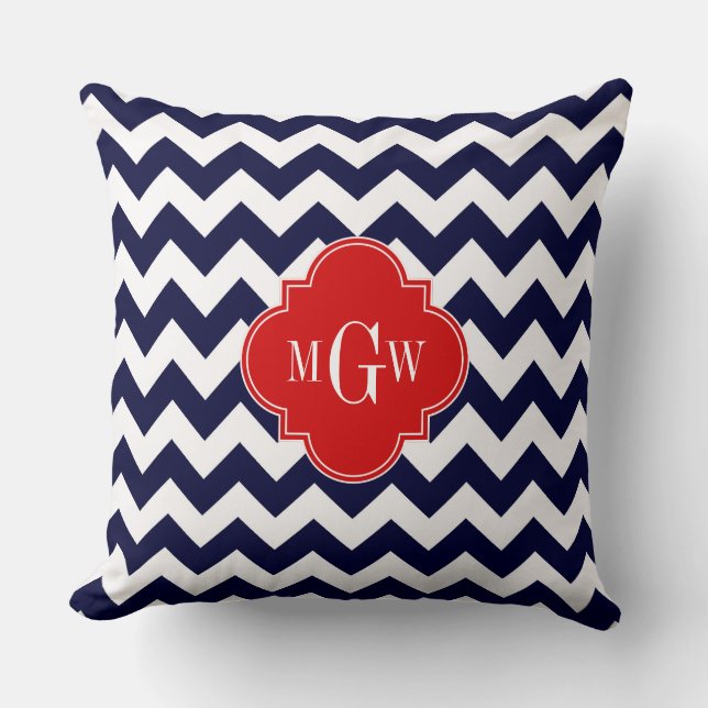 Coussin Marine White Chevron Red Quatrefoil 3 Monogramme (Recto)