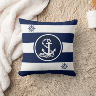 Coussin Maritime Blanc et Bleu, Ancre et roue du navire