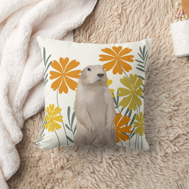 Coussin Marmotte de fond mignonne - Fleurs orange (Couverture)