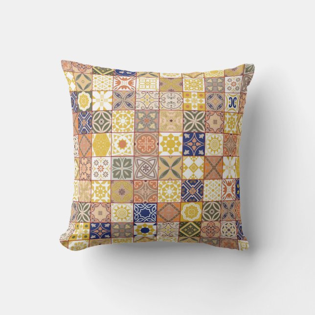 Coussin Marocain carrelage jaune et bleu (Recto)