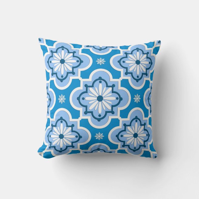 Coussin Marocain en tuiles motif - Bleu et Blanc (Recto)