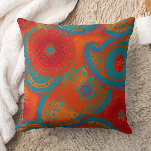 Coussin Marocain exotique rouge orange turquoise vert Cerc (Couverture)