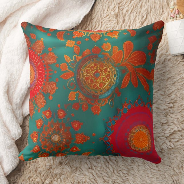 Coussin Marocain exotique rustique or rouge orange bleu ve (Couverture)