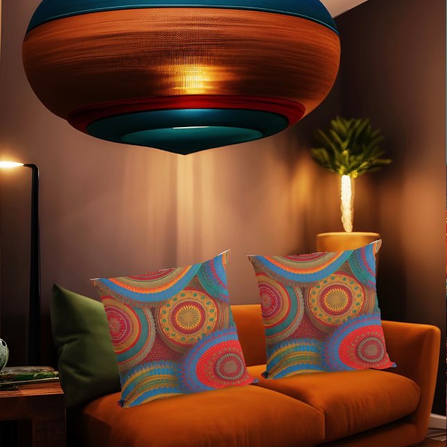 Coussin Marocain exotique rustique rouge orange bleu vert (Créateur téléchargé)