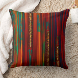 Coussin Marocain rayure or rustique rouge orange bleu vert