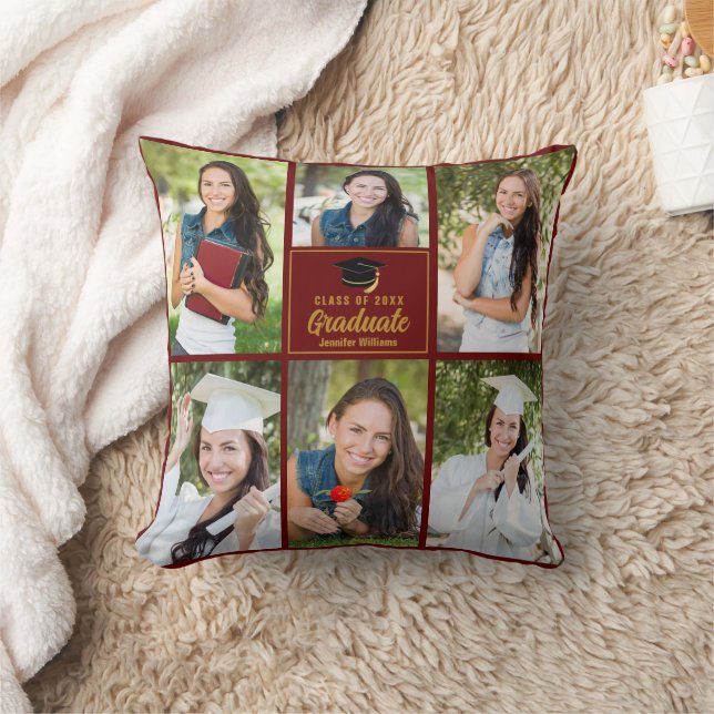 Coussin Maroon Gold Graduate Photo Collage Graduation (Couverture)