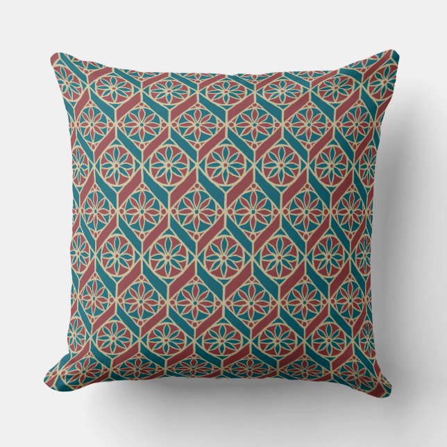 Coussin Maroon, Motif ethnique Turquoise, Fleurs, Chevrons (Recto)