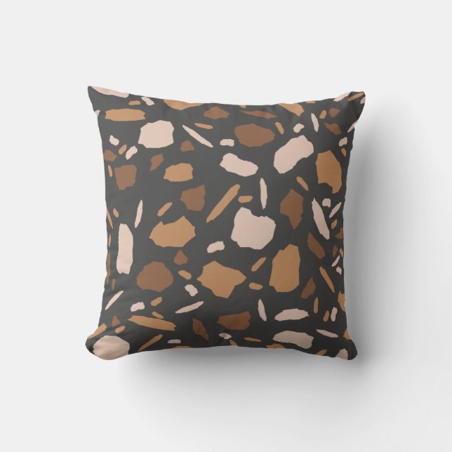 Coussin Marron, Beige, Tan et motif terrazzo gris (Recto)