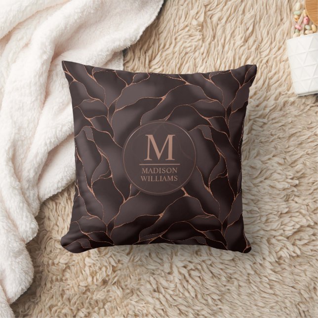 Coussin Marron Chocolat & Or Rose Motif Vague Abstrait (Couverture)