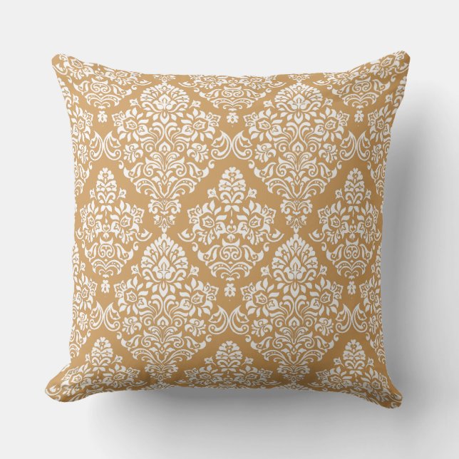 Coussin Marron et blanc tendance Carmel motif damassé (Recto)