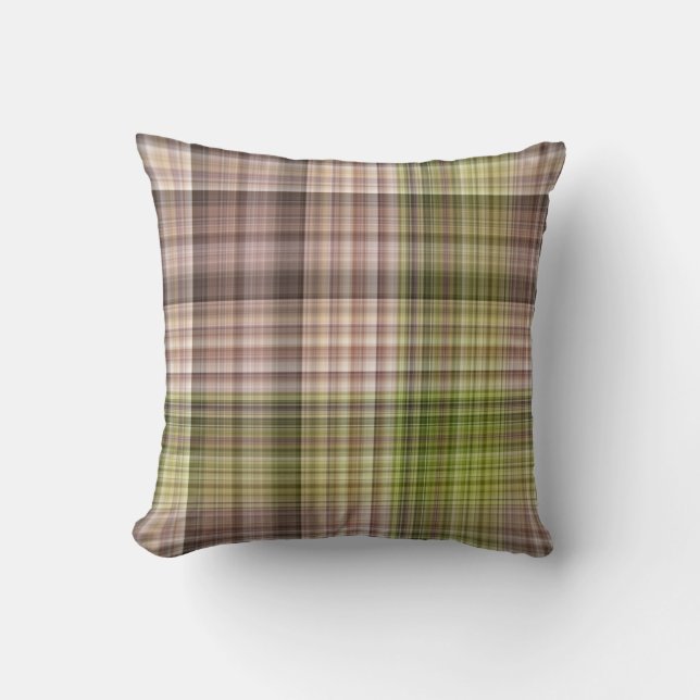 Coussin Marron et Vert Carreaux Écorce Moussu (Recto)
