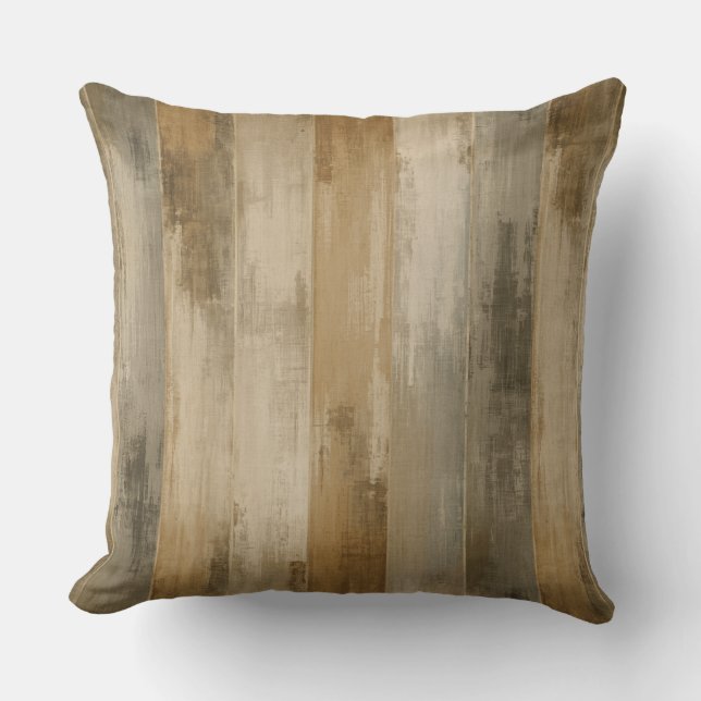 Coussin Marron Gris Beige Bois de Grange Altéré Rayure Rus (Recto)