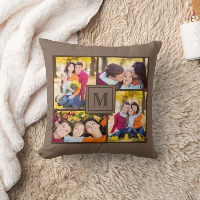 Coussin Marron Moderne Monogramme Collage Photo de Famille (Couverture)
