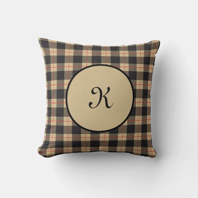 Coussin Marron Noir Rouge Buffalo Plaid Monogramme (Recto)