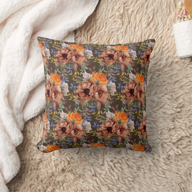 Coussin Marron Orange Bleu Floral Automne Rustique  (Couverture)