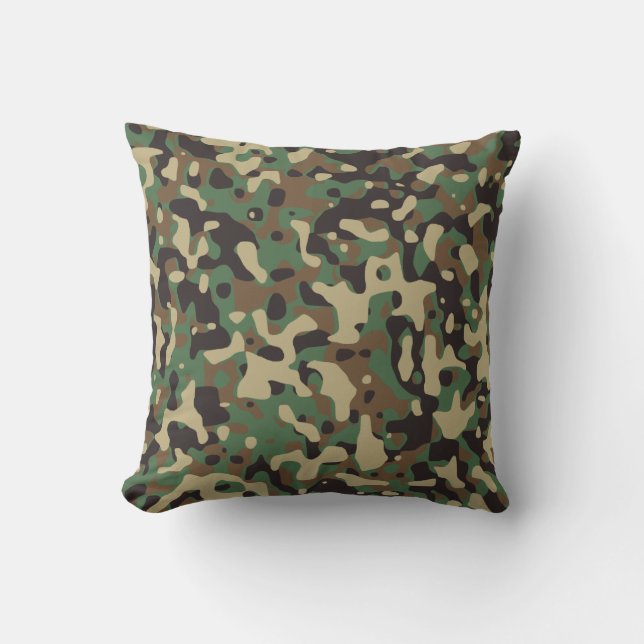 Coussin Marron Vert Gris Kaki Camouflage Camo Bois (Recto)