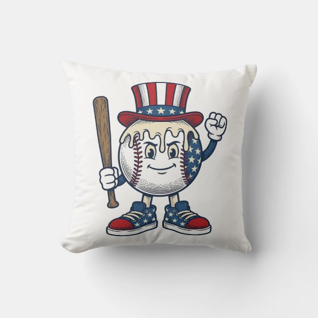 Coussin Mascotte de baseball patriotique dessin de gravure (Recto)