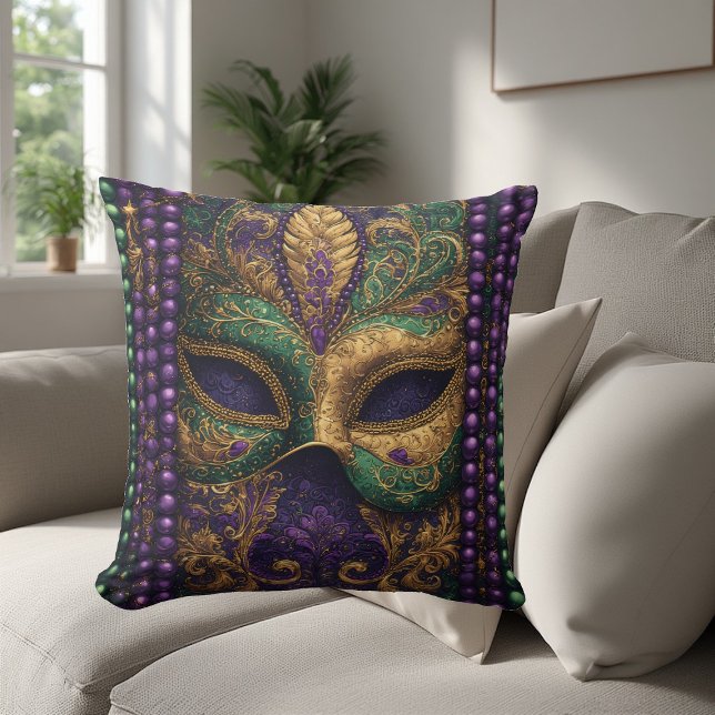 Coussin Masque de mascarade Mardi gras Perle dorée Fleur-d (Mardi gras Masquerade Mask Gold Bead Fleur-de-Lis Throw Pillow)