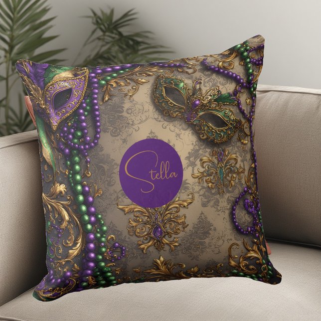 Coussin Masque de perles violettes et dorées Mardi Gras Lu (Créateur téléchargé)