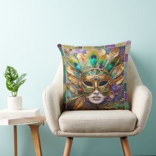 Coussin Masque de plumes de paon vert et or de Mardi Gras