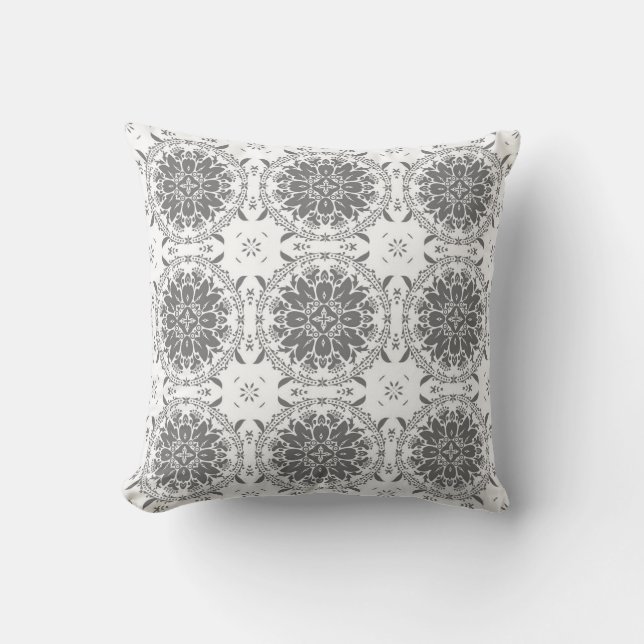 Coussin Masque d'ornement de folklore blanc et gris (Recto)